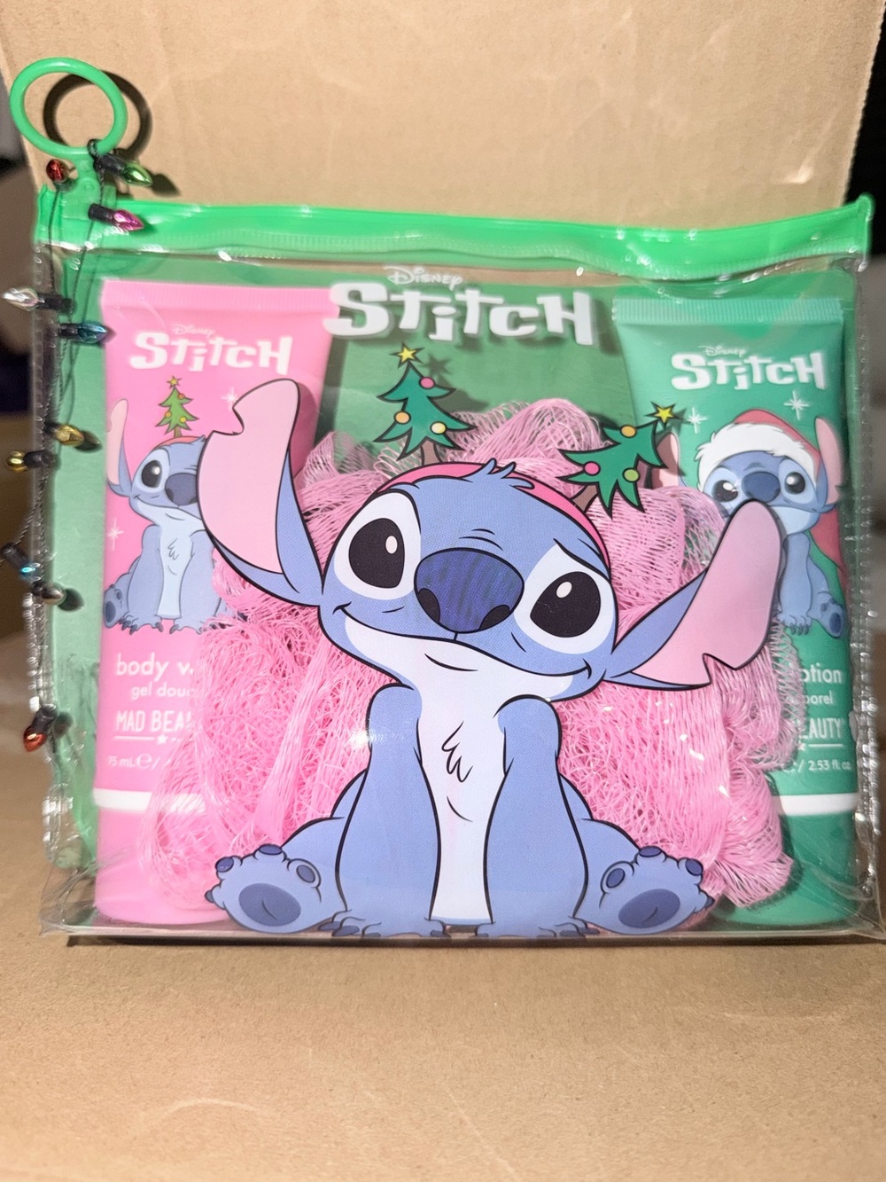 Disney Stitch Kids Bath Set – Pink & Green Tubes with Pink Loofah